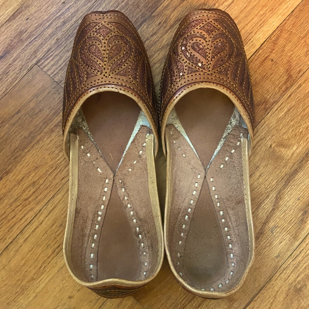 Jutti slide-on Brown leather and sparkly copper leather shoes. Sz 8